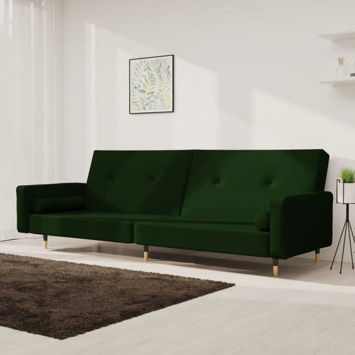 vidaXL Canapé-lit à 2 places avec deux oreillers Vert foncé Velours 375751 vidaXL Canapé-lit à 2 places avec deux oreillers Vert foncé Velours 375751